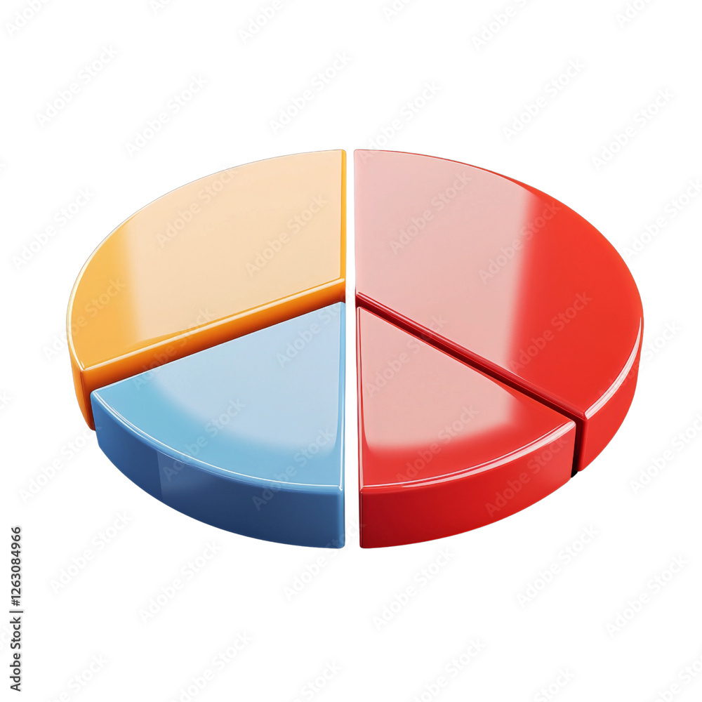 Obraz premium Colorful pie chart with four segments, representing data visualization and analysis. segments are yellow, red, blue, and light blue, showcasing modern design