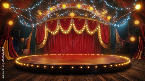 vibrant circus stage with red curtains, bright lights, and wooden flooring creates inviting atmosphere for performances. colorful decorations enhance festive mood