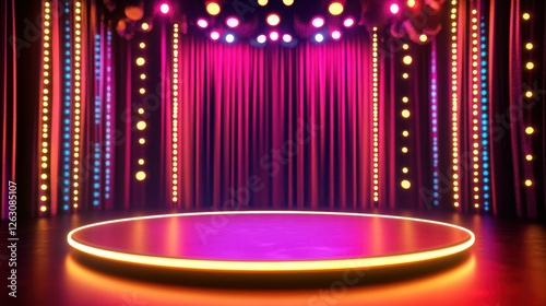 vibrant circus stage podium with colorful lights and curtains, creating energetic atmosphere for performances