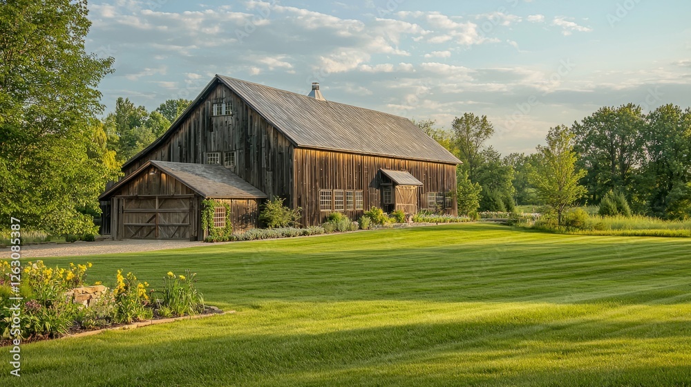 Serene Farm Landscape with Rustic Barn and Vibrant Green Lawn Serene Farm Landscape with Rustic Barn and Vibrant Green Lawn