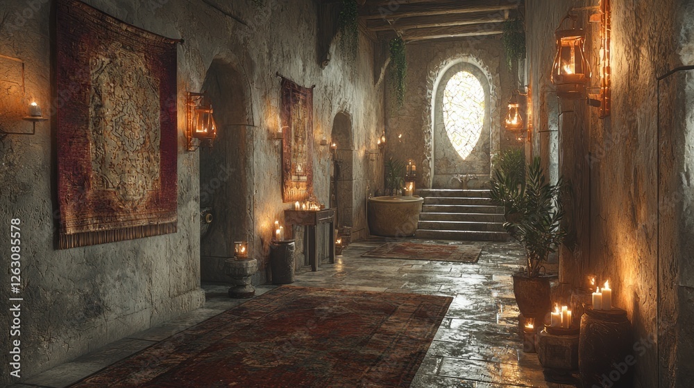 Fototapeta premium Ancient Stone Bathroom With Candles And Tapestries