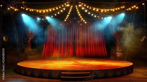vibrant circus stage with colorful lights, curtains, and spotlight creates exciting atmosphere for performances. warm colors and dramatic setup invite anticipation