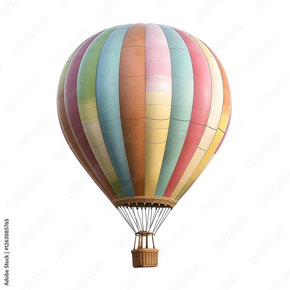 Fototapeta premium Vibrant Multicolored Hot Air Balloon Ascending into Serene Aerial Landscape