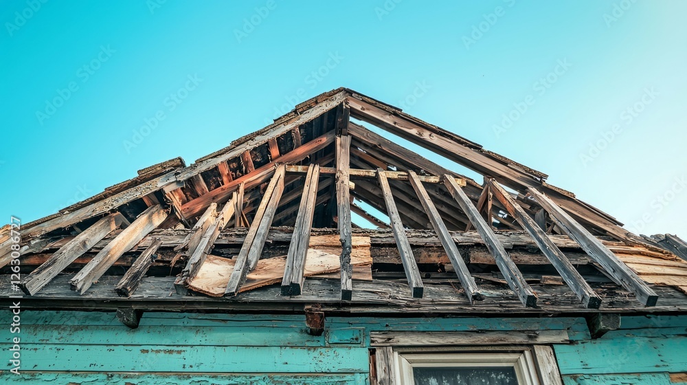 Weathered Roof of an Abandoned House Under a Bright Blue Sky Weathered Roof of an Abandoned House Under a Bright Blue Sky