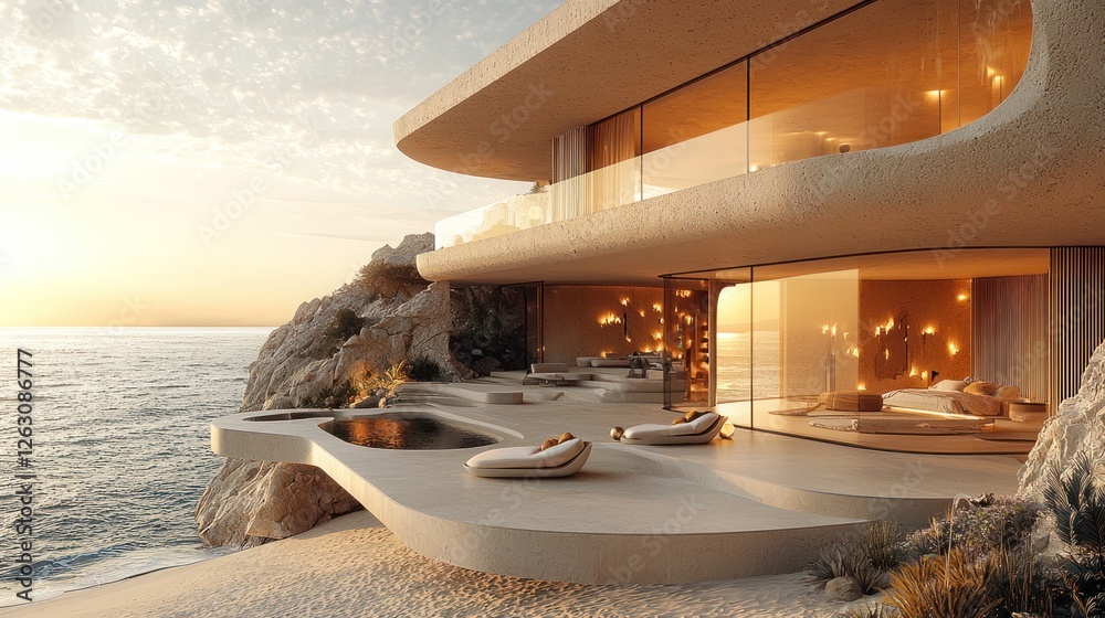 Fototapeta premium Modern Cliffside Home Ocean View Sunset Luxury