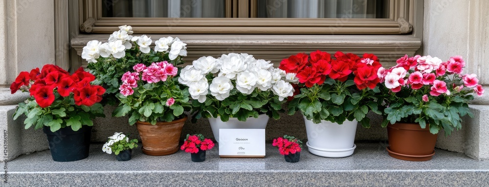 Fototapeta premium Colorful geraniums in flower pots create a vibrant atmosphere on the patio of a historic Spanish villa during a sunny day