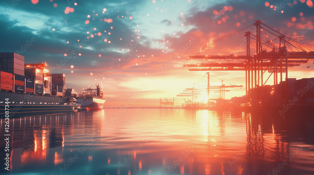 Container truck in ship port for business Logistics and transportation of Container Cargo ship and Cargo plane with working crane bridge in shipyard at sunrise, logistic import export and transport
Container truck in ship port for business Logistics and transportation of Container Cargo ship and Cargo plane with working crane bridge in shipyard at sunrise, logistic import export and transport