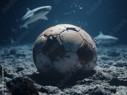 Ballon de foot au fond de la mer entouré de requins photo