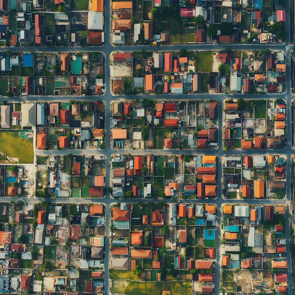 Aerial View of Orderly City Neighborhood with Neat Grid of Square Houses