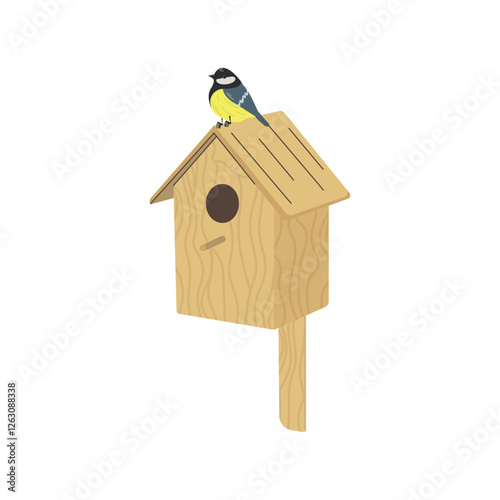 Tit bird on wooden birdhouse, nesting box, isolated on white background, vector illustration