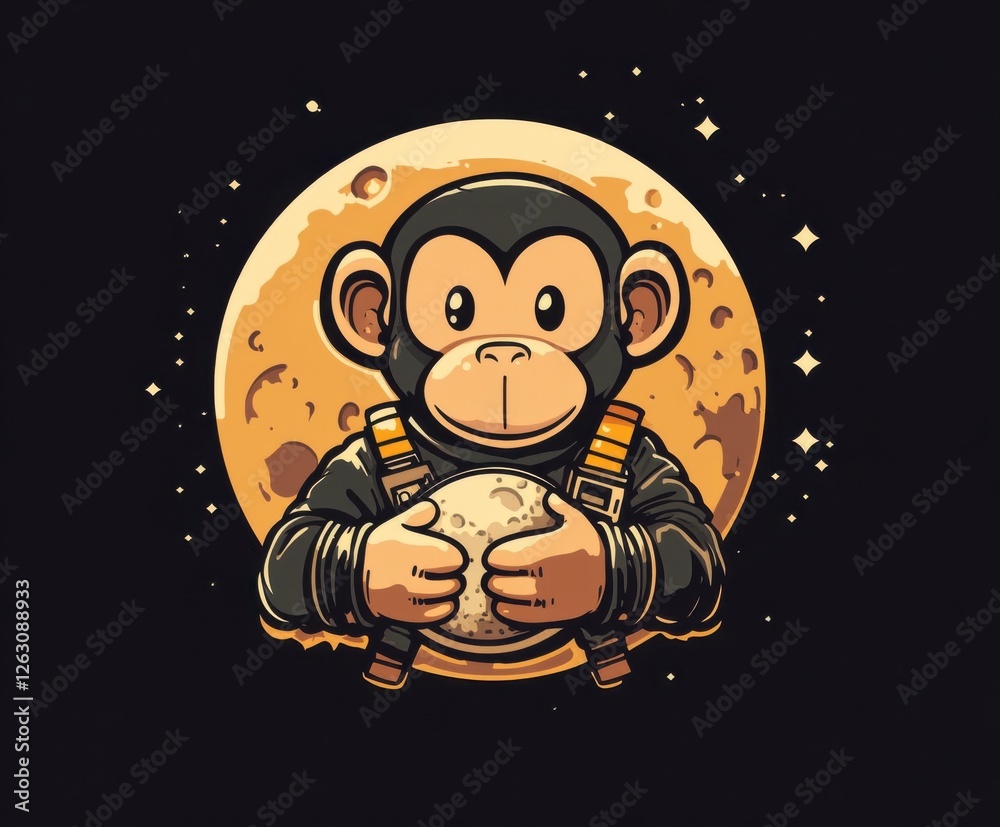 Fototapeta premium Cartoon monkey logo with moonbag pixelated design element