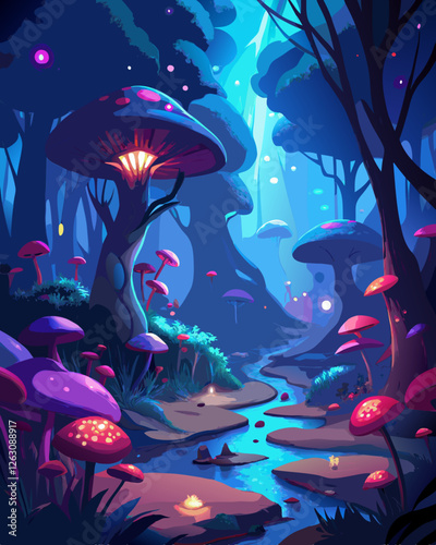Wallpaper Mural  Fantasy Forest with Glowing Mushrooms and Bioluminescent Plants on a Magical Pathway Torontodigital.ca