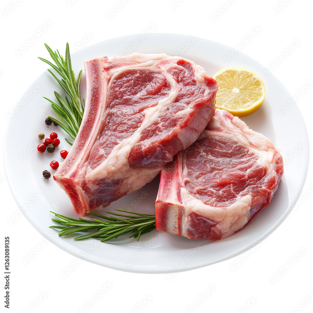 Fresh meat cuts on white plate with herbs and lemon, showcasing quality and freshness. Perfect for culinary dishes and grilling Fresh meat cuts on white plate with herbs and lemon, showcasing quality and freshness. Perfect for culinary dishes and grilling