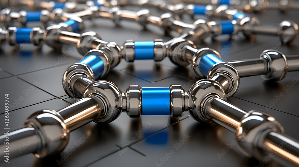 Metallic pipe and joint structure with blue accents on dark background Metallic pipe and joint structure with blue accents on dark background