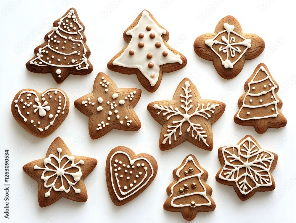 Assorted Christmas gingerbread cookies with white icing on white background Assorted Christmas gingerbread cookies with white icing on white background
