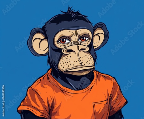 Cartoon monkey in orange shirt on blue background vector art