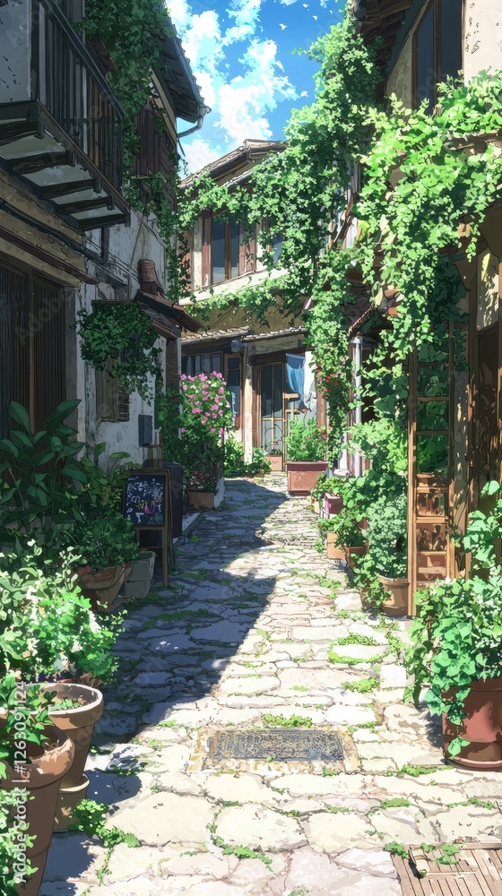 Fototapeta premium Sunny cobblestone alleyway, lush greenery, European style buildings, background sky. Use Travel, tourism