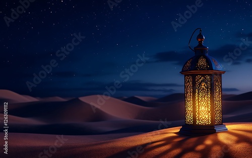Desert nights A glowing lantern illuminates the vast desert landscape under a starlit sky creating a serene and magical atmosphere
