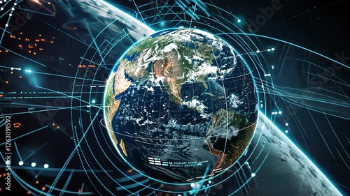 AI Ethics and Governance. Earth hologram encircled by digital links, global AI governance
