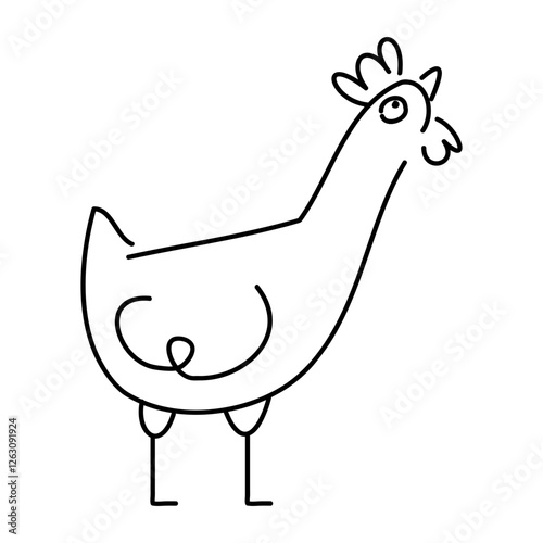 A line illustration of a curious chicken. Doodle rooster icon. Farm bird silhouette. Isolated on white.