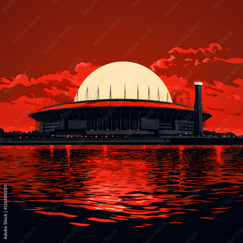 Obraz premium Estadio monumental reflecting on the river plate at sunset