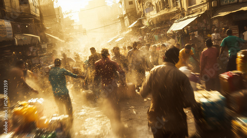 Chaotic street clashes as people struggle over resources amidst a busy market in late afternoon light photo