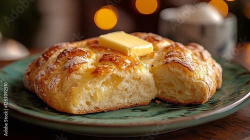 Close-up of delicious irish soda bread with melting butter on a plate photo