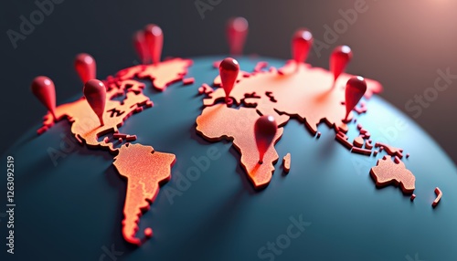 Fototapeta Naklejka Na Ścianę i Meble -  A stylized world map with red map pins marking various locations across different continents, symbolizing global travel and tourism. Relevant for World Tourism Day, highlighting international destinat
