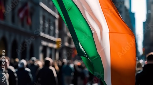 Irish flag waving in a crowded saint patrick's day parade in new york city
