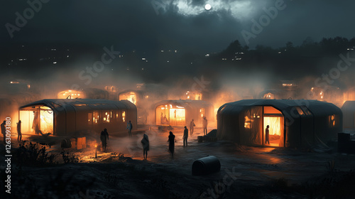Futuristic refugee camp illuminated by soft lights under a moonlit sky at night in an undisclosed location