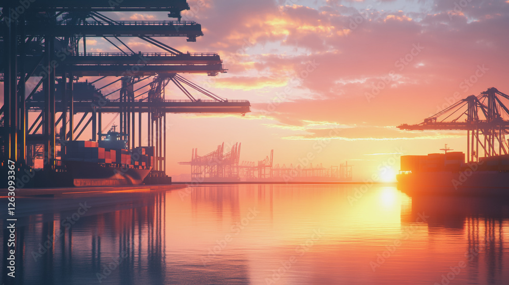 Obraz premium Container truck in ship port for business Logistics and transportation of Container Cargo ship and Cargo plane with working crane bridge in shipyard at sunrise, logistic import export and transport