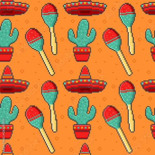 Seamless pattern with cinco de mayo pixel art on orange background. Vector illustration