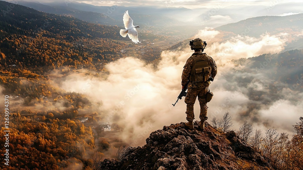 Obraz premium Soldier lowering rifle with white dove flying overhead, symbolizing peace and end of conflict in serene natural landscape. Concept of harmony and resolution.