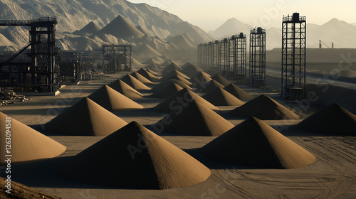 A factory-sized sand distribution center, with rows of perfectly shaped industrial sand piles, surrounded by loading stations and control towers.