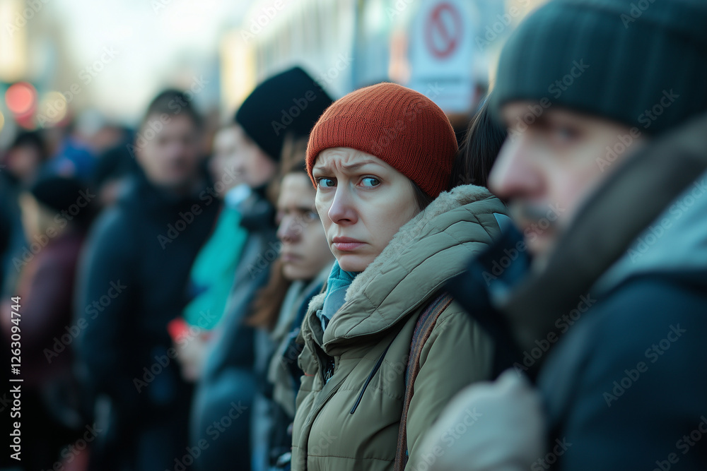 Thousands of individuals waiting in line for food distribution at a local community event on a chilly day in a bustling city Thousands of individuals waiting in line for food distribution at a local community event on a chilly day in a bustling city