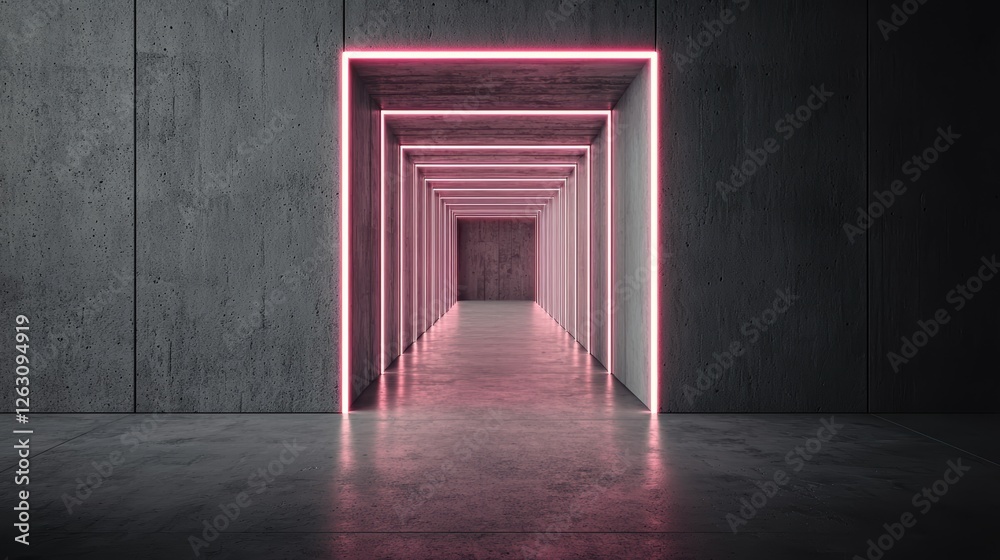 A modern corridor with glowing pink neon lights outlining multiple doorways against a textured gray wall. A modern corridor with glowing pink neon lights outlining multiple doorways against a textured gray wall.