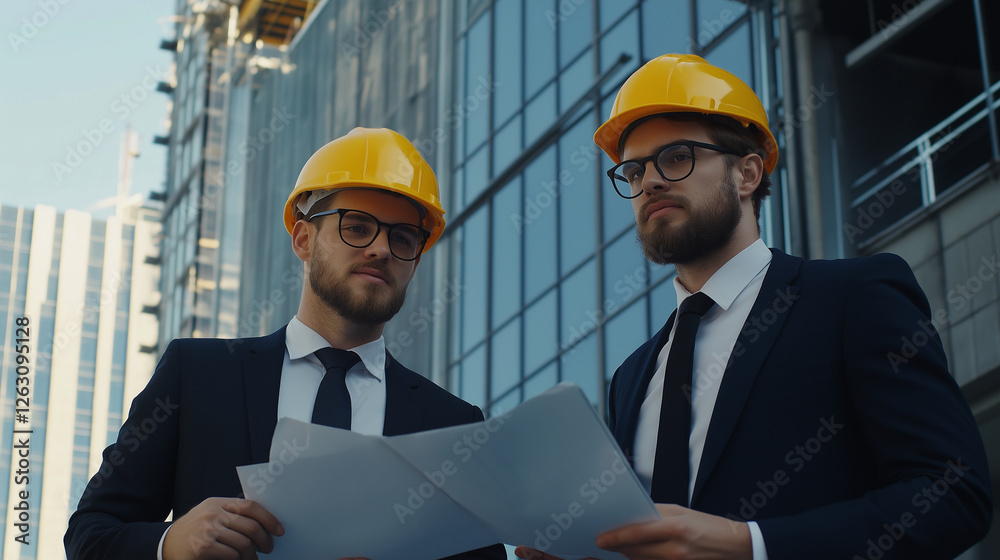 A young business professional and architect standing side-by-side, both in formal attire and yellow hard hats, looking over architectural plans and discussing project progress on-s