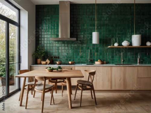 Wallpaper Mural Modern Kitchen Featuring Green Tile Backsplash And Light Wood Cabinets Torontodigital.ca