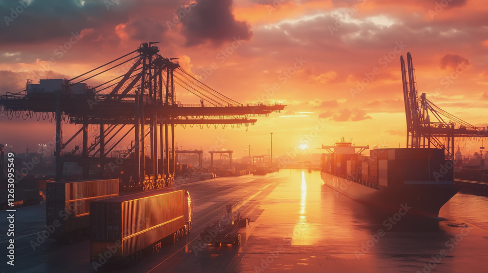 Fototapeta premium Container truck in ship port for business Logistics and transportation of Container Cargo ship and Cargo plane with working crane bridge in shipyard at sunrise, logistic import export and transport