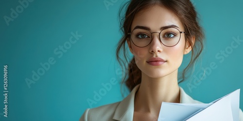 Woman in glasses holds documents against a blue background in a professional setting with a confident expression photo