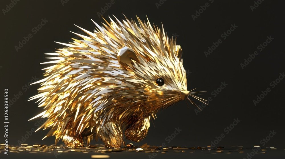 Obraz premium A polygonal low-poly golden porcupine, its spikes shimmering in metallic gold.