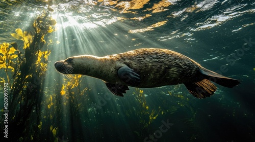 Obraz na płótnie Underwater Sea Lion Illuminated By Sunbeams In Kelp Forest w salonie