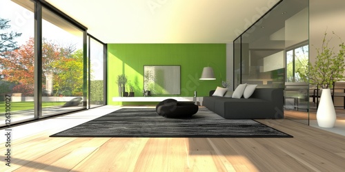 A striking black and white striped area rug rests gracefully on a polished wooden floor, positioned centrally within the scene for maximum impact photo
