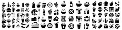 Food and Beverage Icon Set with Black Silhouette Vector Designs for Cafe, Restaurant, Fast Food, Drinks, Breakfast, Coffee, Pizza, Burger, Dessert, Healthy Food, Vector Graphics