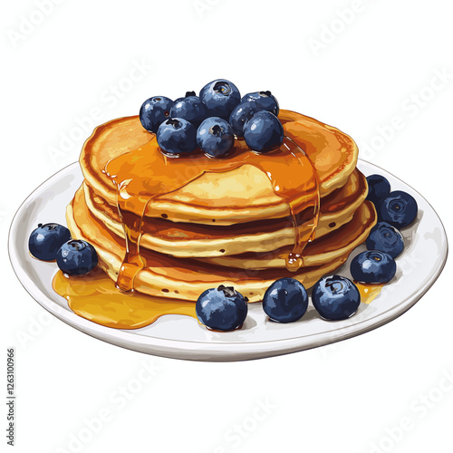 Delicious pancakes with fresh blueberries in a cartoon style. Vector illustration of fresh and fluffy pancakes drizzled with honey and blueberries isolated on a white background. American breakfast