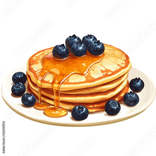 Delicious pancakes with fresh blueberries in a cartoon style. Vector illustration of fresh and fluffy pancakes drizzled with honey and blueberries isolated on a white background. American breakfast