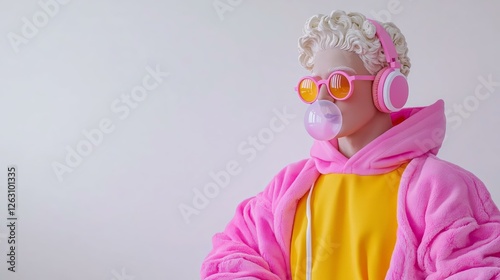 Modern aesthetic: classical statue with headphones and bubblegum in vibrant colors