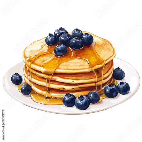 Delicious pancakes with fresh blueberries in a cartoon style. Vector illustration of fresh and fluffy pancakes drizzled with honey and blueberries isolated on a white background. American breakfast