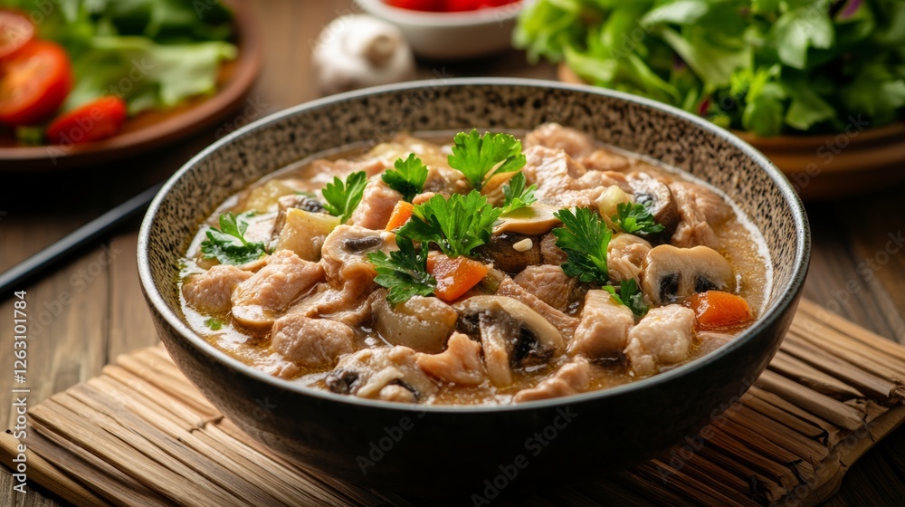 Low-calorie pork and mushroom soup served in a minimalist bowl, topped with parsley, fresh salad on the side, Low-calorie pork and mushroom soup served in a minimalist bowl, topped with parsley, fresh salad on the side,