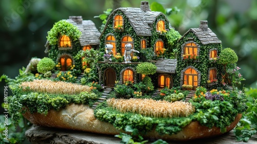 Obraz na płótnie Miniature Village on Bread A Green Idyllic Scene w salonie